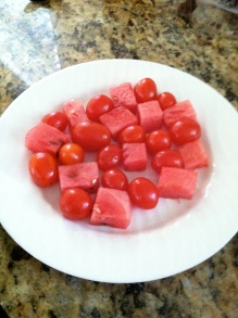 Start with cubed watermelon, and cherry tomatoes...